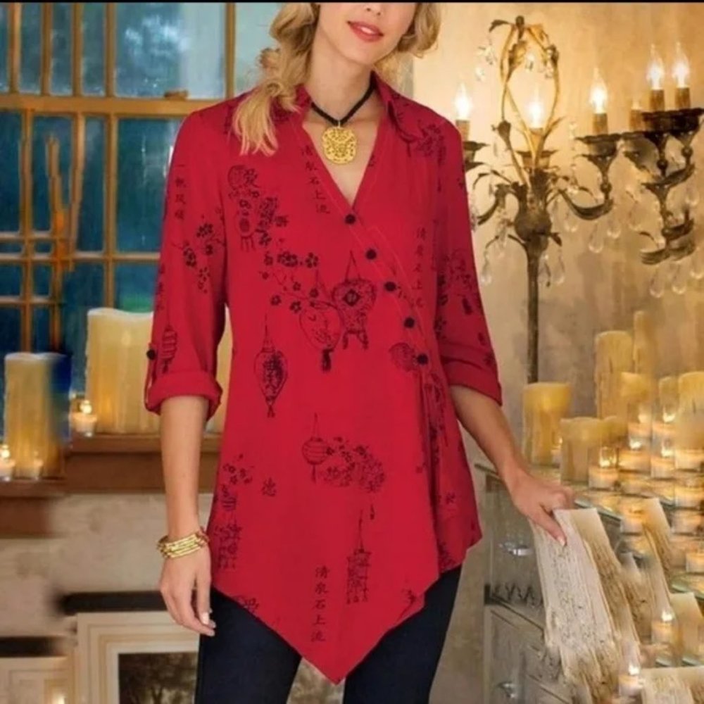 Soft Surroundings Size 2X Kimono Pagoda Tunic Top Red Black Wrap Shirt Blouse
